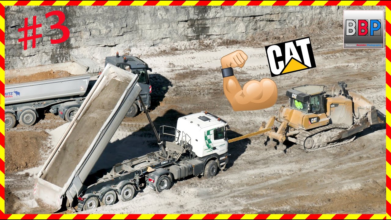 CAT D7E, MAN, Mercedes, Scania Trucks, Refilling a Quarry, 2023. #3