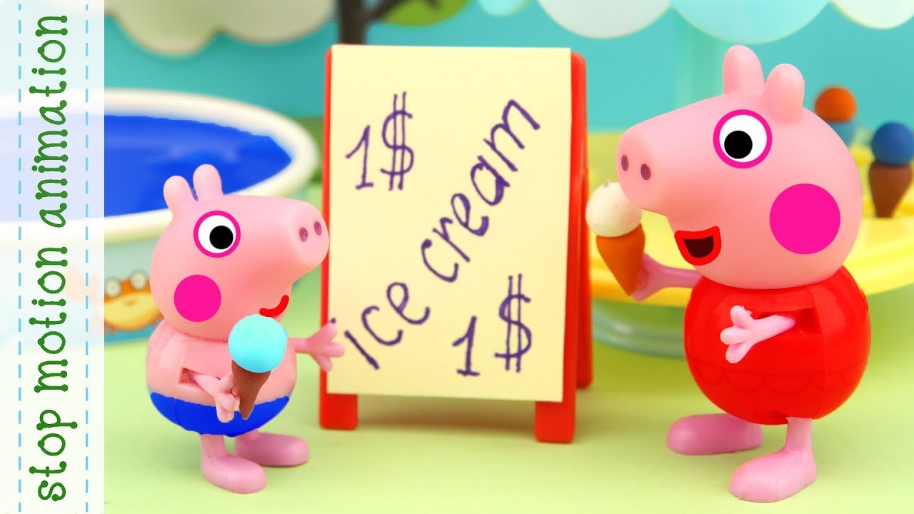 Peppa and ice cream shop. Peppa pig toys stop motion animation