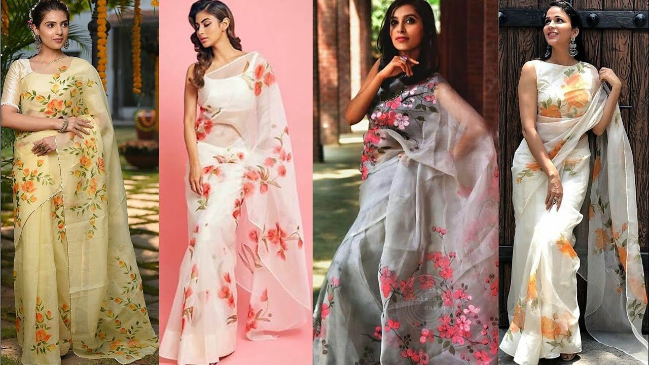 Latest Hand Paint Muslin Saree Designs Fabric Color Floral Moslin Shari Latest Fashion