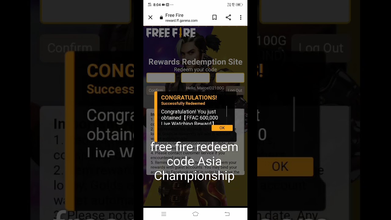 free fire redeem code Asian Championship