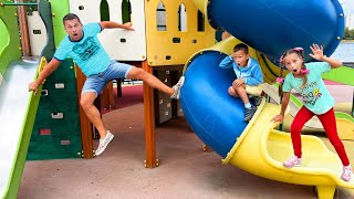 The Floor is Lava on the Playground! Sofia \& Max pretend to play with Dragons