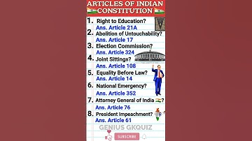 IMPORTANT ARTICLES OF INDIAN CONSTITUTION/GENIUS GKQUIZ #articles #gk #indiagk #shorts #shortvideo