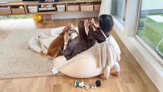 出勤前のママの髪型を可愛く整えてくれる2歳娘