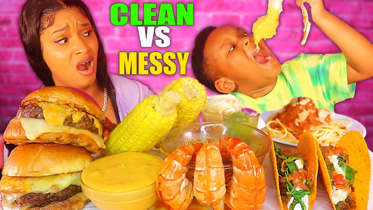 CLEAN VS MESSY MUKBANGERS CHALLENGE (CHEESY BURGER PASTA TACO & SEAFOOD MUKBANG) QUEEN BEAST & JUJU