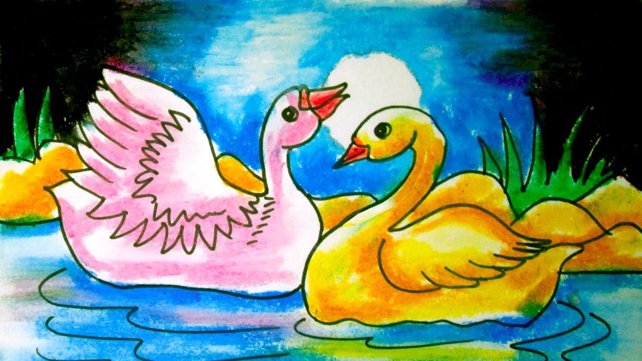 How to draw a scenery of Pairing duck on a pond YouTube