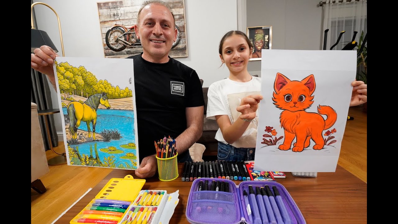 Babam İle 4 Renk Boyama Challenge | 4 Marker Challenge