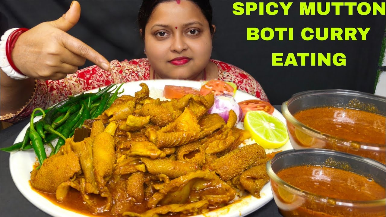 RICE AND SPICY SPICY MUTTON BOTI CURRY SALAD EATING/INDIAN FOOD EATING 
