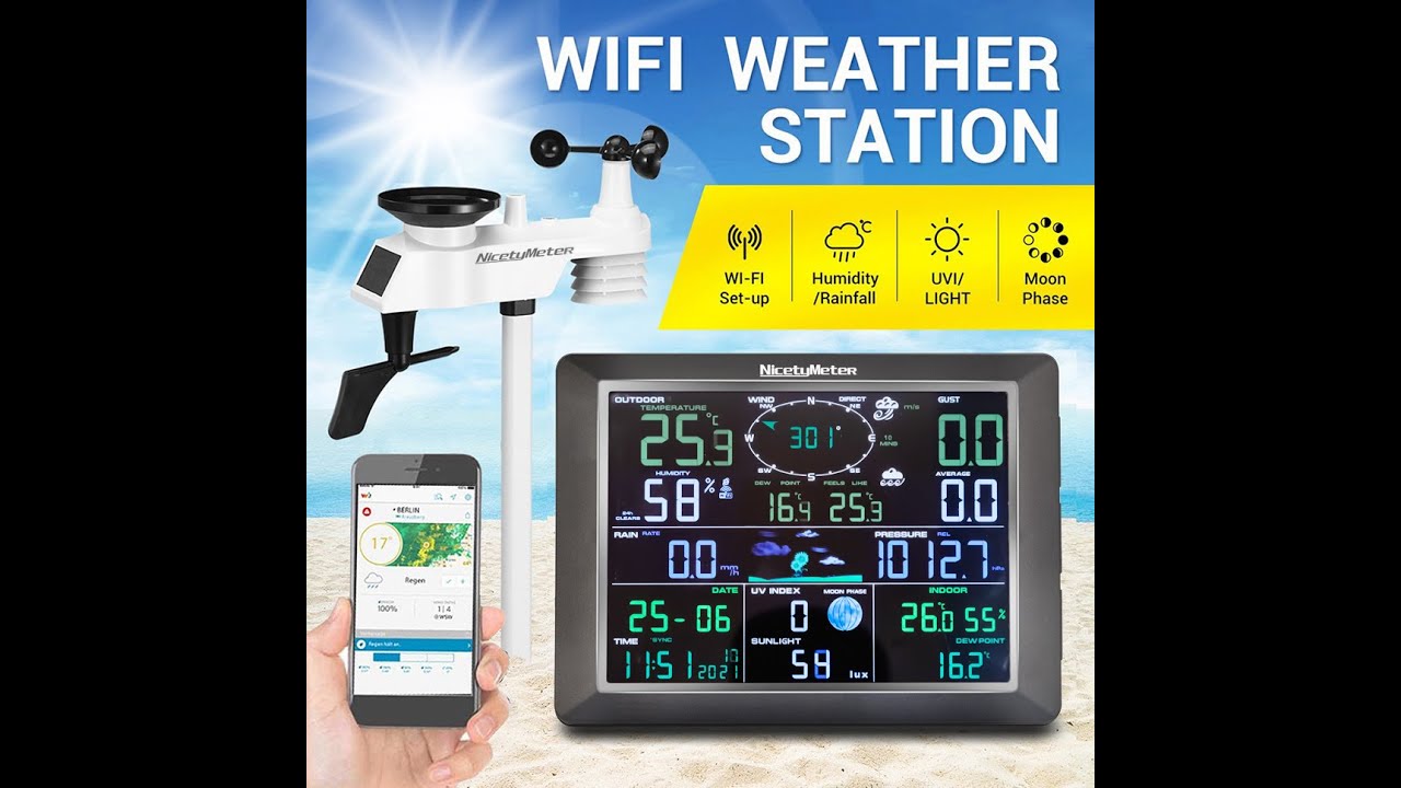 WiFi Weather Station, 10.2 inch Large Display Wireless Weather Station, Weather Stations Wireless Indoor Outdoor with Rain Gauge and Wind Speed