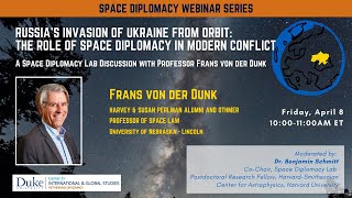 The Role of Space Diplomacy in Modern Conflicts. A Conversation with Frans von der Dunk.
On April 8, 2022, our Space Diplomacy Lab hosted Professor Frans von der Dunk, Harvey and Susan Perlman Alumni and Othmer Professor of Space Law at the University of Nebraska, Lincoln.
The Space Diplomacy Lab team discussed with Professor von der Dunk the legal and regulatory norms that need development to build a policy toolkit for diplomats to avoid destabilizing scenarios in space related to Russias war against Ukraine - especially those that could endanger the future safe and sustainable use of low-Earth orbit.
Professor Dr. Frans G. von der Dunk holds the Harvey and Susan Perlman Alumni / Othmer Chair of Space Law at the University of Nebraska-Lincoln’s LL.M. Program on Space and Telecommunication Law since January 2008. He also is Director of Black Holes BV, Consultancy in space law and policy, based in Leiden. Von der Dunk was awarded the Distinguished Service Award of the International Institute of Space Law (IISL) of the International Astronautical Federation (IAF) in Vancouver, in October 2004, the Social Science Award of the International Academy of Astronautics (IAA) in Valencia, in October 2006 and the Social Science Book Award of the International Academy of Astronautics (IAA) in Jerusalem, in October 2015. He was a signatory, together with various Nobel Prize winners, dozens of astronauts and cosmonauts and other luminaries from the global science and entertainment community, of the ‘Asteroid 100x Declaration’, December 2014. Von der Dunk has acted as legal advisor or legal task manager in more than 130 projects, advising various government agencies and international organizations as well as a number of non-governmental organizations and industrial stakeholders on matters of space law and policy, including major space applications such as satellite navigation, remote sensing and private commercial spaceflight.
The Space Diplomacy Lab has been recently launched by the Duke University Center for International and Global Studies (DUCIGS)/Rethinking Diplomacy Program.
Learn more about the lab: https://sites.duke.edu/spacediplomacylab/ The Role of Space Diplomacy in Modern Conflicts. A Conversation with Frans von der Dunk.