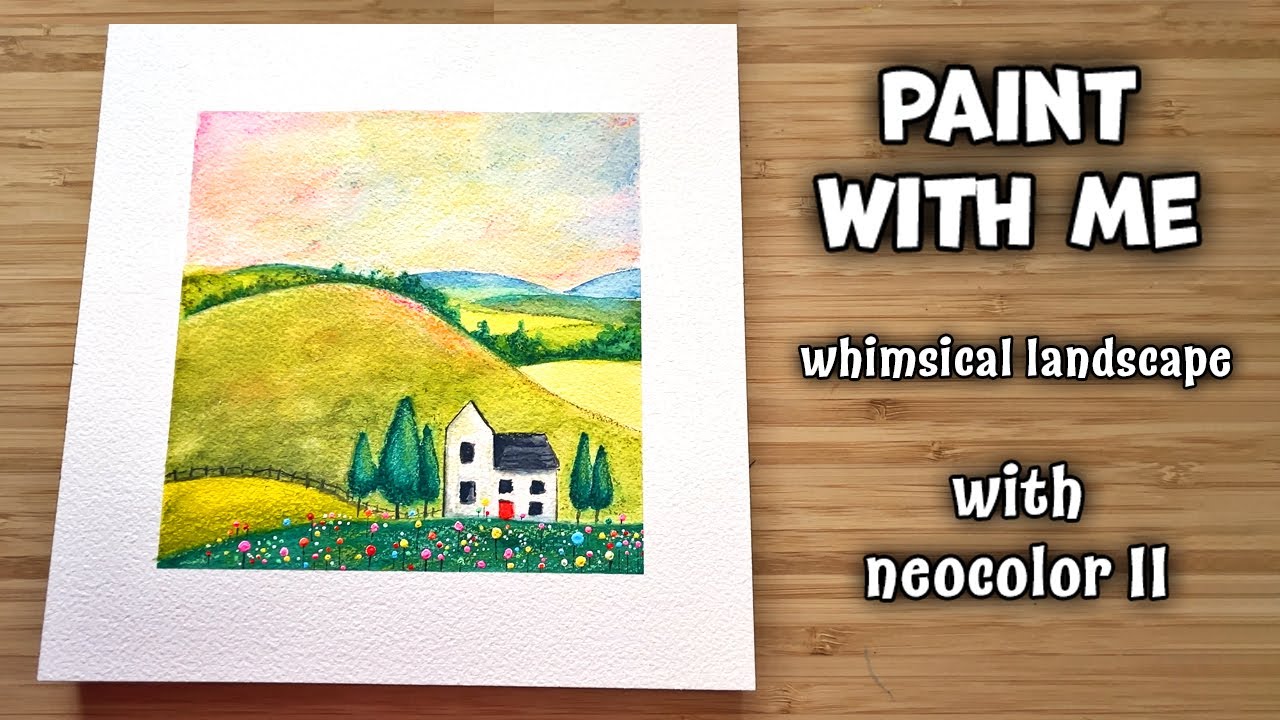 Whimsical Watercolor Landscape with Neocolor II 🎨 | Paint With Me + Free Line Art!