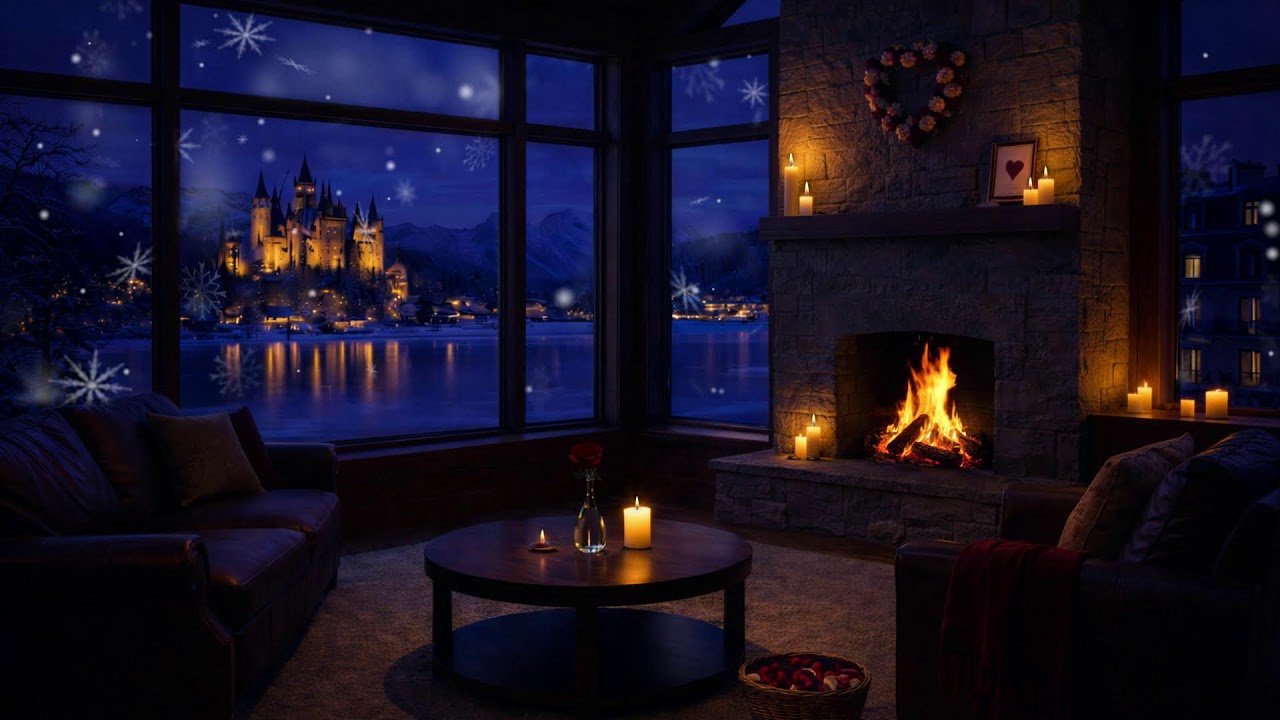 💖 Cozy Cabin Night (NO MID-ROLL ADS) – Fireplace Glow & Castle View Jazz
