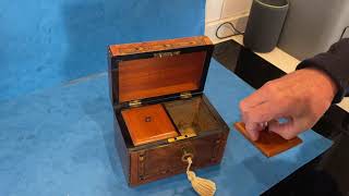 Victorian Walnut Twin Section Tea caddy With Beautiful Tunbridge Ware Inlay.