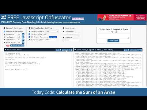 FreeJSobfuscator.com | Javascript code: Calculate the Sum of an Array.