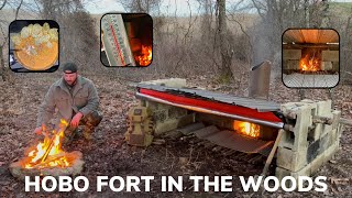 Solo Overnight Building a Hobo Fort with a Fireplace In the Woods and Chili Cheese Nachos