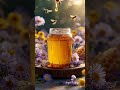 A Glowing Honey Jar Rests On Wood With Comb And Bees A Glowing Honey Jar Rests On Wood With Comb And Bees