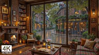 Rainy European Coffee Shop ☕ Smooth Jazz & Fireplace Ambience for Deep Focus and Relaxation