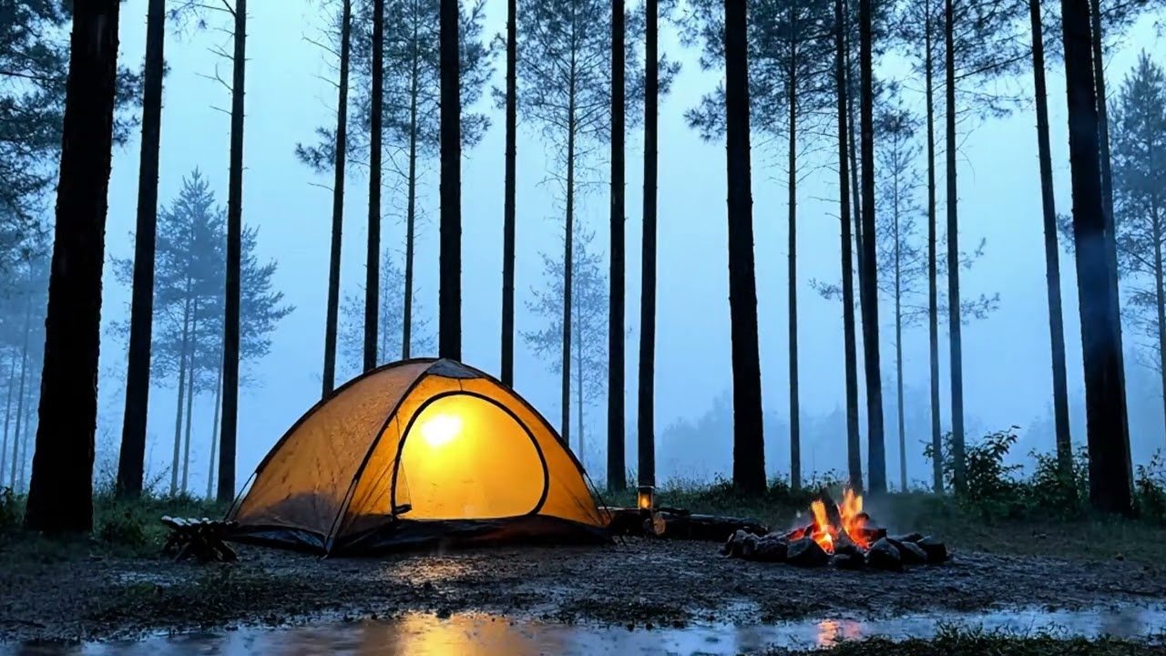Rainy Forest Camping Ambience with Crackling Campfire and Cozy Tent Glow for Deep Sleep and Relaxing