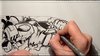 Timelapse - Illustrating Graffiti lettering and characters in BLACK INK ONLY - Pigmas/Staedtlers