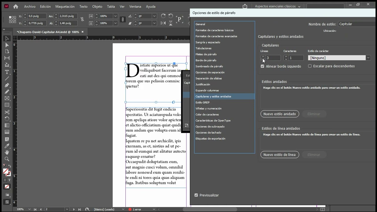 ¿Cómo hacer una letra Capitular en Indesign?