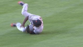 DET@LAA: Hunter tumbles to make a nice grab in right