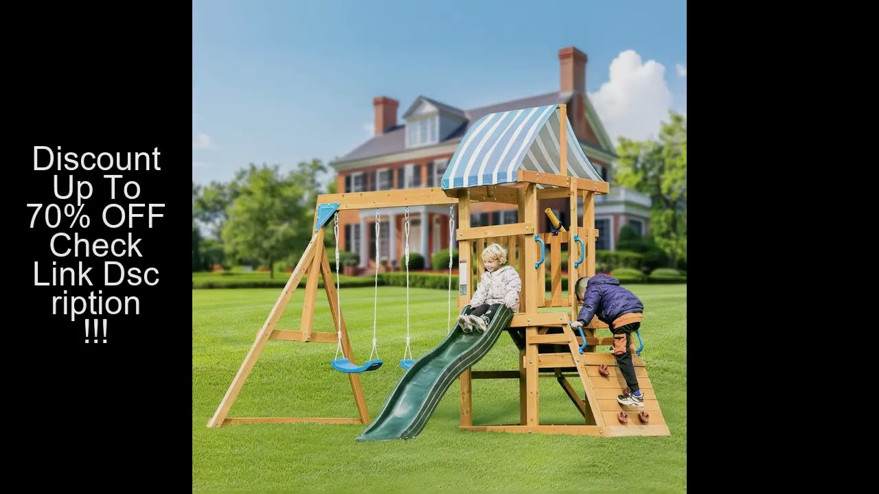 Robotime Robud Wooden Swing Set with Dual Swings Slide Rock Climbing Wall Chalkboard Telescope Fort