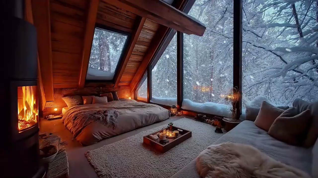 Snowfall in the Night ❄️ Warm Fireplace Sounds for Relaxation, Study & Comfort