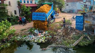 First Start a New Project! Landfill Delete Flooded Area by Bulldozer Pushing Soil &amp; Truck into Water