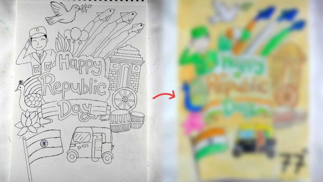 Draw With Me - Republic Day 🇮🇳 Drawing, Outline Tutorial, By Using Watercolour, Easy Drawing 