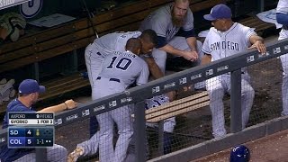 8/15/15: after getting caught stealing, justin upton swings his helmet
in frustration but loses grip and accidentally hits yonder alonso
check out http:/...