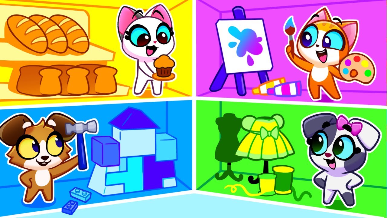 Kids Pretend Play Jobs! 🎨 Four Color Playhouse & Secret Rooms | Educational Cartoons & Songs