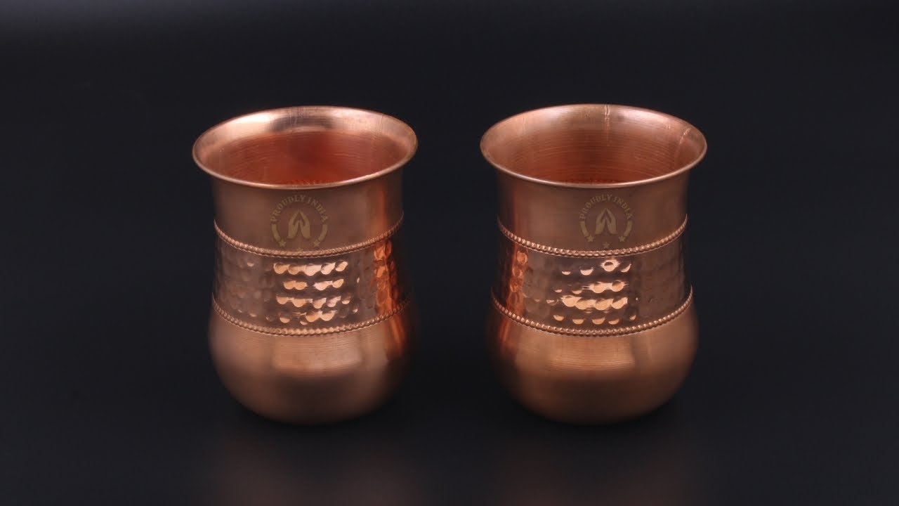 Proudlyindia.com Set of 2 Pure Copper Glass Tumblers, Hammered Drinking Glasses