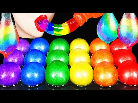 ASMR RAINBOW GLITTER EDIBLE WATER BOTTLE *NO PLASTIC*, HONEY JELLY, GIANT POPPING BOBA EATING SOUNDS