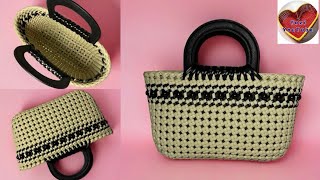 ⭐ Elegant Black & Ivory Woven Handbag, Handmade Plastic Weaving Bag, Timeless Black & Ivory Design