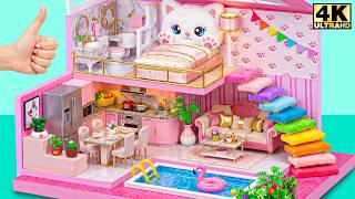 Make Miniature Pink Cat Paradise House with Pool & Rainbow Steps for Two ❤️ | DIY Miniature House