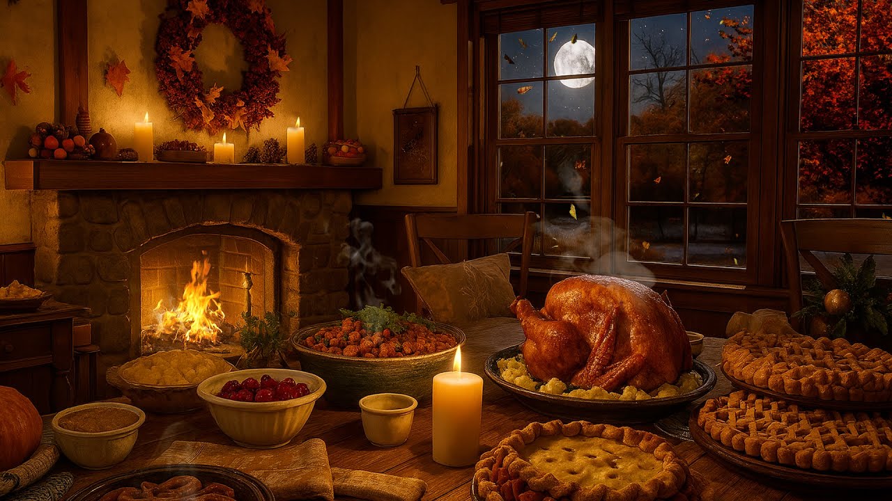 Warm Autumn Kitchen Vibes 🍂 | Cozy Fireplace & Evening Nature Sounds Awaiting Thanksgiving