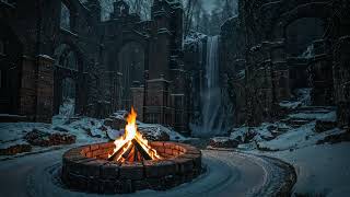 Fire at the Frozen Gate | Winter Ruins & Waterfall Night Ambience
