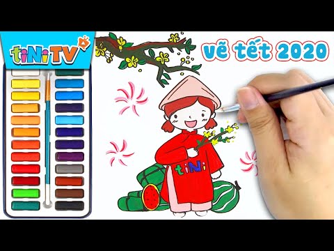 Hướng dẫn bé Vẽ và Tô Màu đơn giản tranh Tết 2020 bằng màu nước | tiNiTV