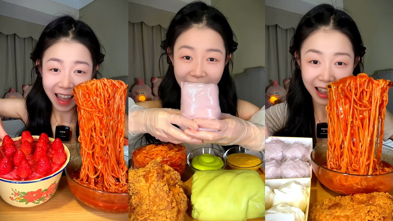 ASMR MUKBANG | Spicy fried stir-fried rice noodles, fried chicken, fish balls, and dessert 🍝🤤😋