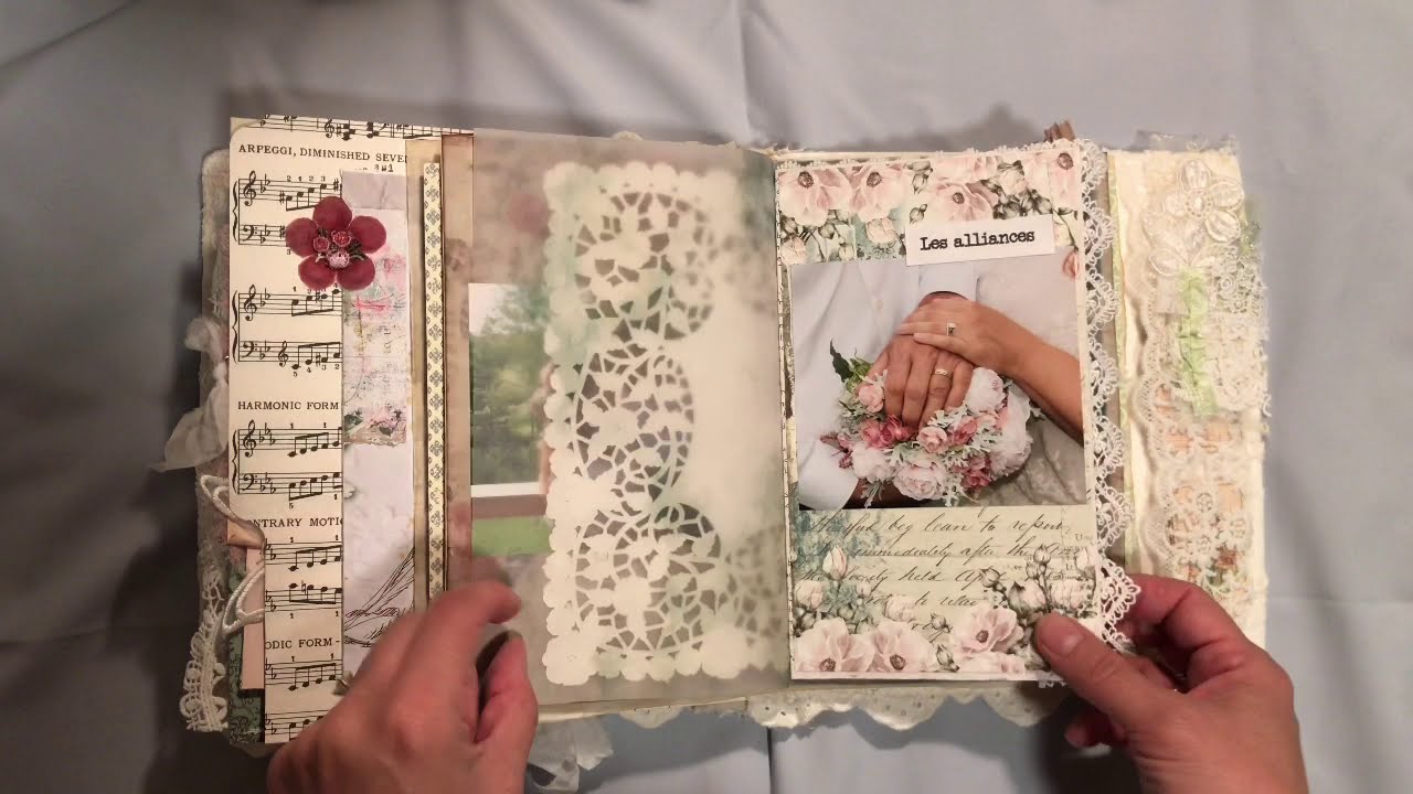 ジャンクジャーナル　marriage My wedding album flip through - junk journal, linen and lace with