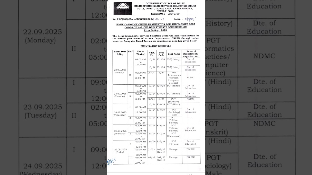 DSSSB New September 2025 Examination Schedule Dsssb pgt exam date 