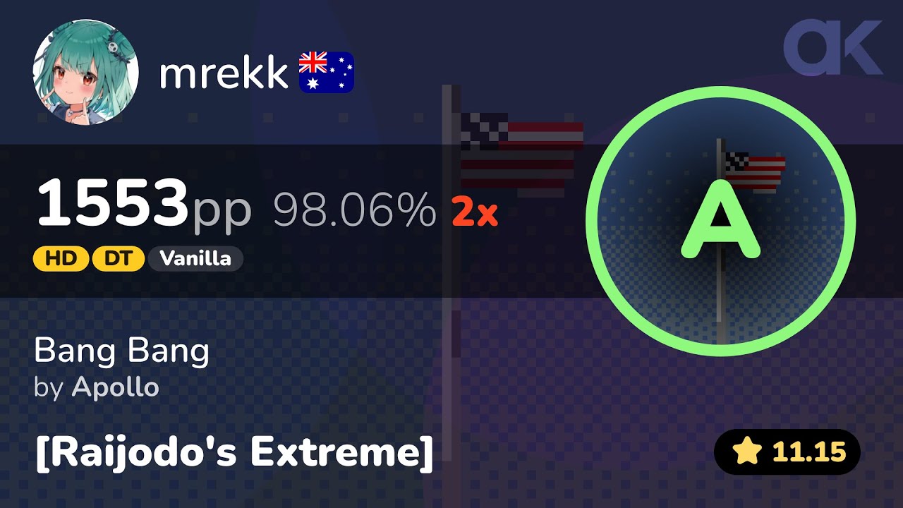 [11.15⭐] Vanilla | mrekk | Apollo - Bang Bang [Raijodo's Extreme] +HDDT 98.06% 1553pp 2❌