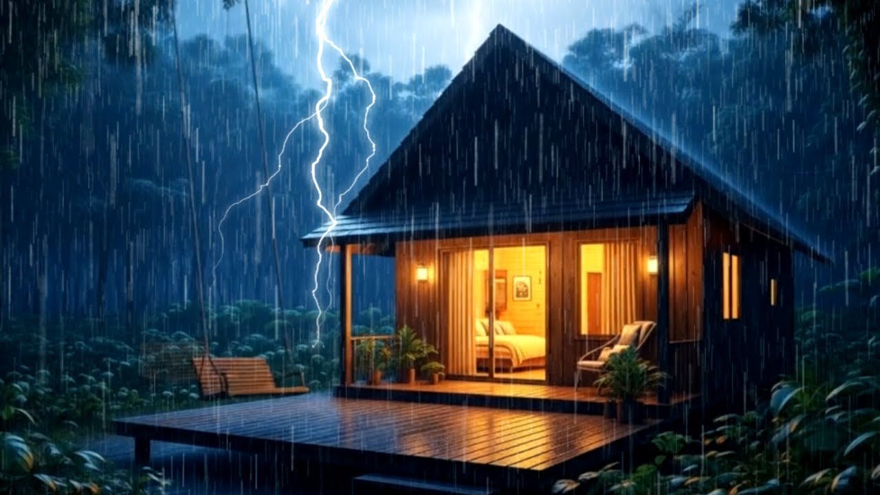Stormy Night in a Forest Cabin ⚡ Rain & Thunder Ambience | HEAVY RAIN | RAIN SOUNDS | STROMY NIGHT