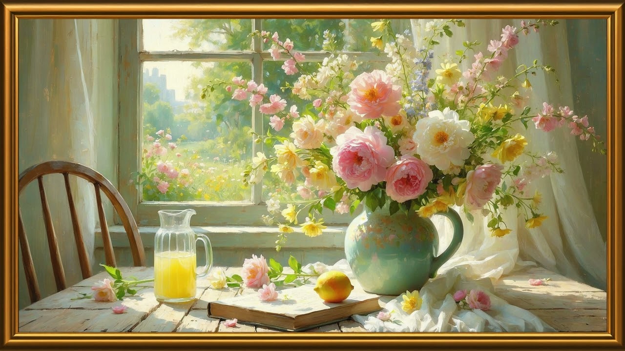 Beautiful Spring Morning with Piano Music & Birdsong | Gold Frame TV Art Screensaver 4K