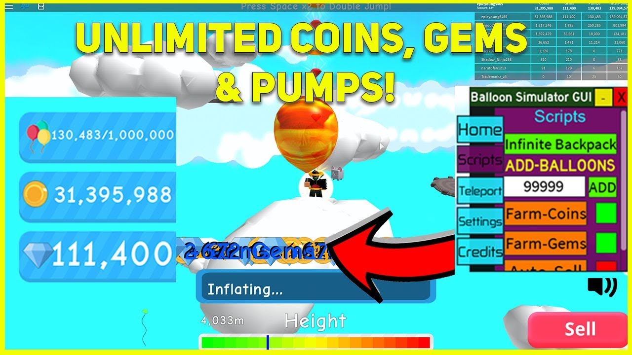 Balloon Simulator Gui Unlimited Coins Gems Pumps Autofarm Coins Autofarm Gems 100 000 000 Youtube - roblox ballon simulator hack