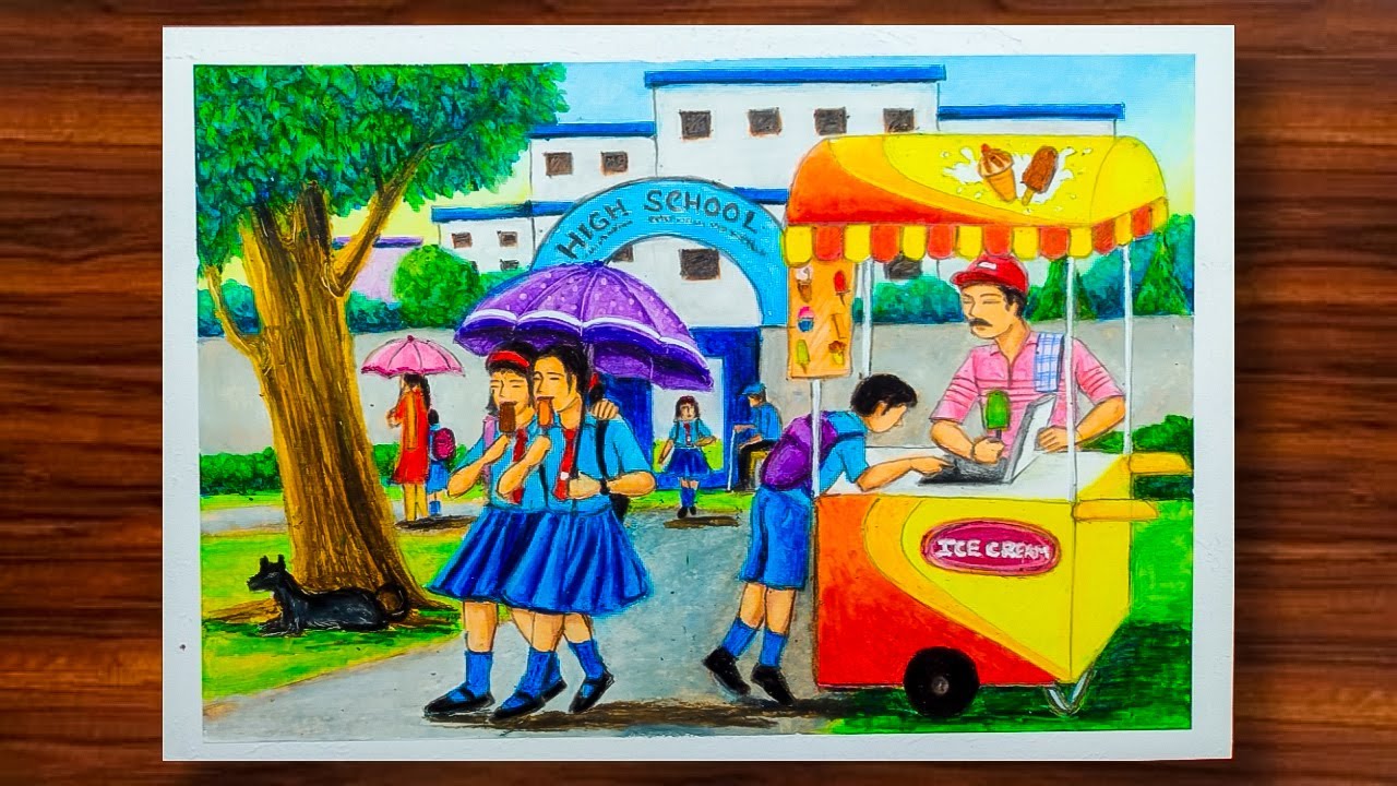 Summer Season Scenery Drawing Ice Cream Seller in Summer Season