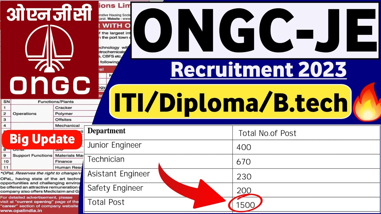 ONGC Recruitment 2023 | Fresher | POST: 1500 | All Branches | ITI/Diploma/B.tech | JE Vacancy 2023