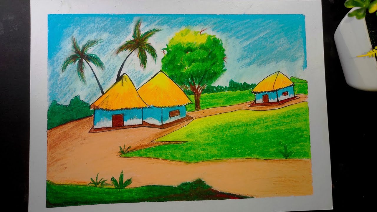 How to Draw a Village Scene Easy step by step/Drawing Village with Oil ...