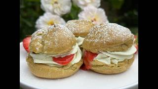 Matcha Cream Puffs - Matcha Choux Pastry with Matcha Whipped Cream and Strawberry Sauce