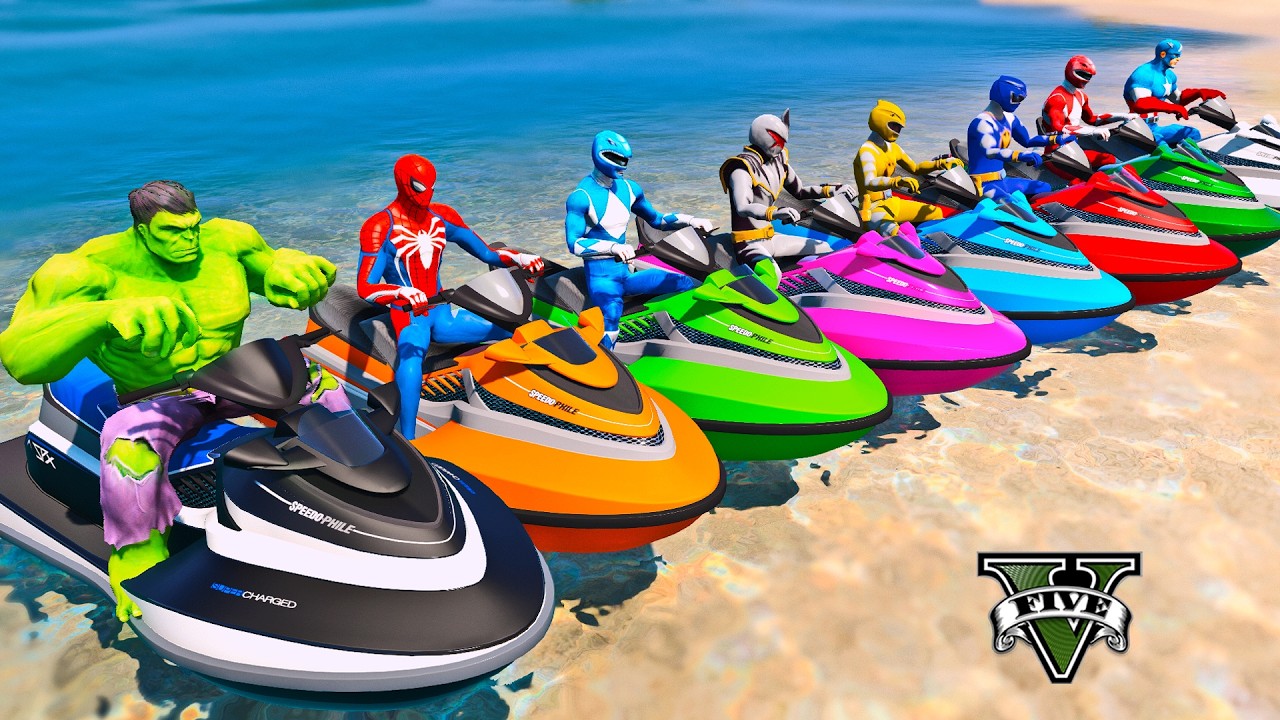 TEAM POWER RANGERS JET SKI WATER RACING JUMP CHALLENGE, SPIDERMAN TRUCKS RACE on BEACH RAMP - GTA 5