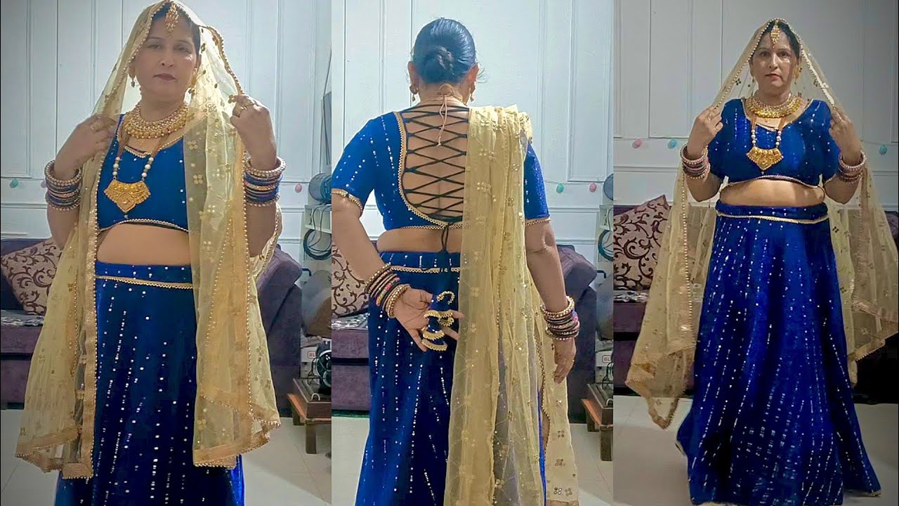 Blue colour ♥️low waist lehenga style tutorial,how to style dupatta in many ways |